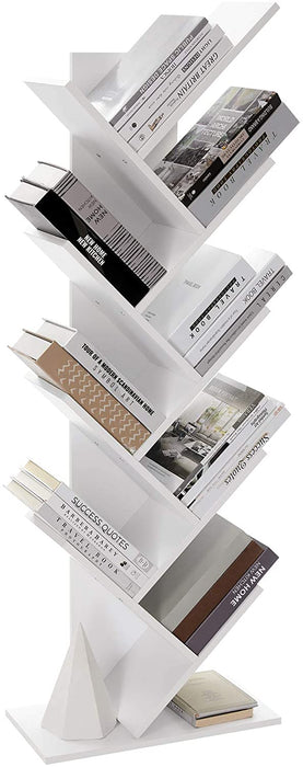Bücherregal, Standregal, mit 8 Ebenen, DVD-Regal, in Baumform, für Wohnzimmer, Arbeitszimmer, Kinderzimmer, Büro, weiß