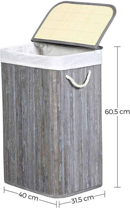 Wäschekorb 72 L, Wäschesammler aus Bambus, Wäschetruhe mit Griffen, Deckel mit Clips, faltbar, Wäschesack herausnehmbar, Vintage, grau