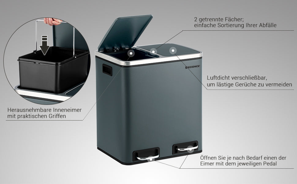 Mülleimer für die Küche, 30 L, Mülltrennung, Abfalleimer aus Metall, Treteimer mit Inneneimern und Griffen, Mülltrennsystem, 2 x 15 Liter, Softclose