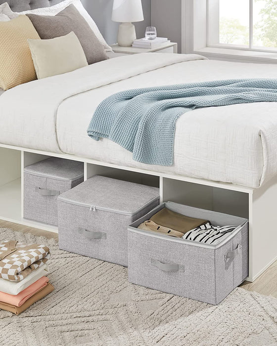 Aufbewahrungsbox mit Deckel, 3er Set, faltbare Stoffbox mit Griffen, Aufbewahrung für Kleidung und Spiegelzeug, hellgrau