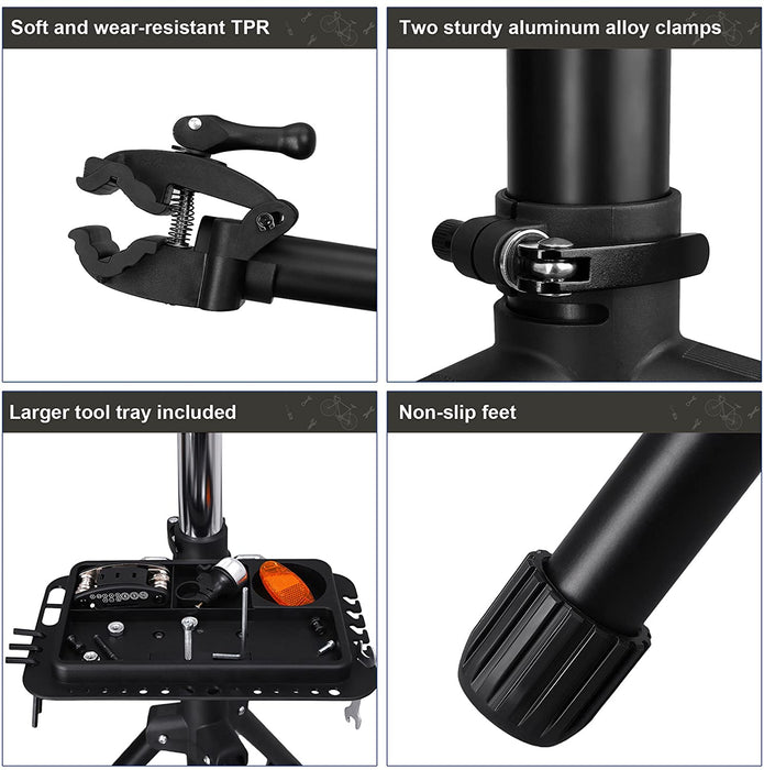 Schwerlast Fahrradmontageständer Reparaturständer mit große Werkzeugablage, Arm aus Aluminiumlegierung, vollen Funktionen für Fahrradreparatur