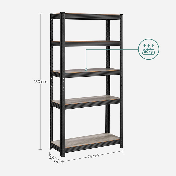 Schwerlastregal, Bücherregal, Lagerregal, Standregal, 5 Ablagen, 150 x 75 x 30 cm, bis 400 kg belastbar, verstellbare Ablagen, Industrie-Design