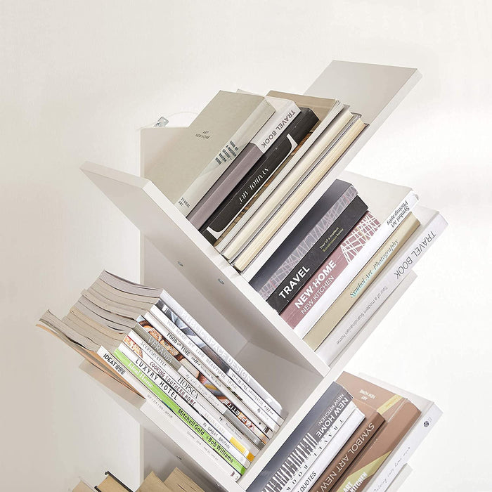 Bücherregal, Standregal, mit 8 Ebenen, DVD-Regal, in Baumform, für Wohnzimmer, Arbeitszimmer, Kinderzimmer, Büro, weiß