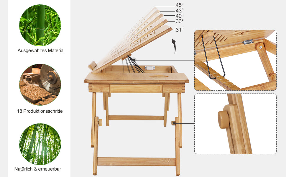 Laptoptisch Notebooktisch Betttisch Lapdesks für Lesen oder Frühstücks und Zeichentisch Laptops höhenverstellbar Faltbare 55 x 35 x 29 cm