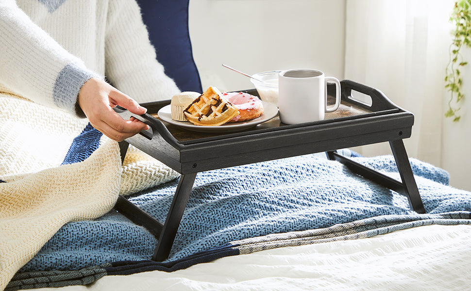 Betttablett, Frühstückstablett, Laptopständer, mit klappbaren Beinen aus Bambus, für Bett, Sofa, für Snacks, mit Halterung für Handy, Tablet