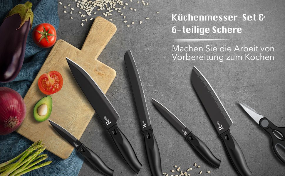 Messerset mit Messerblock Set, 7-TLG Kochmesser Set mit Messer, Schere, Messerblock zum Hacken von Fleisch/Gemüse/Obst