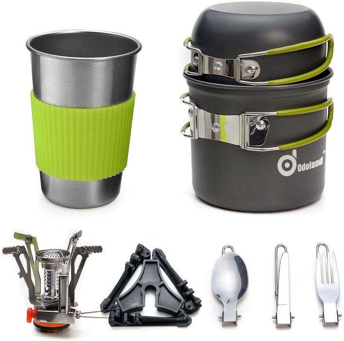 Camping Geschirr Set 9-teiliges Outdoor Kochgeschirr Aluminium Camping Töpfe Becher Faltbare Besteck Mini Campingkocher für Outdoor Picknick Wandern