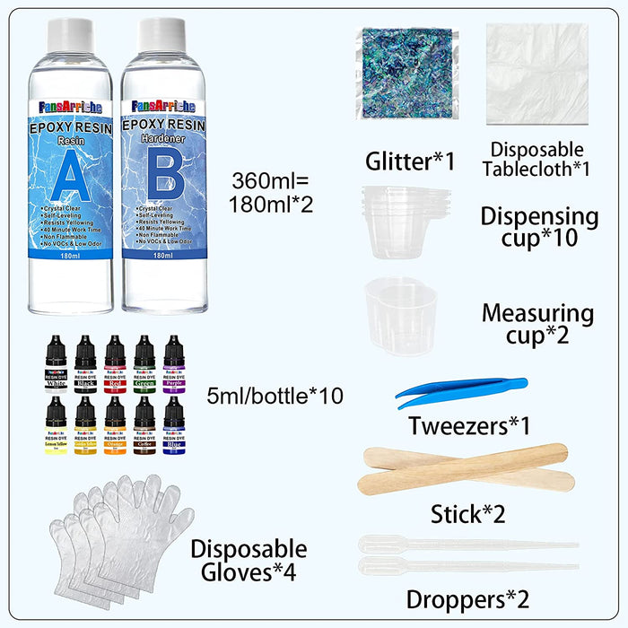 Epoxidharz Set Anfänger 360ml/385g, Glasklar Kunstharz Gießen Epoxy Resin Gießharz Mit Epoxidharz Farbe, Glitzer, Holz Stäbchen, Handschuhe...
