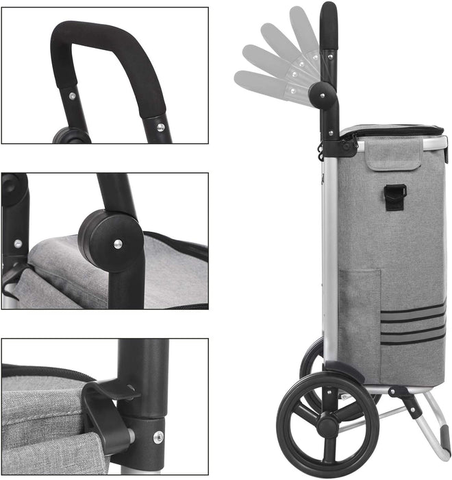Einkaufstrolley, klappbar, Stabiler Einkaufswagen, mit Kühlfach, große Kapazität 35 L, multifunktional, Handwagen mit Rollen, abnehmbare Tasche, grau