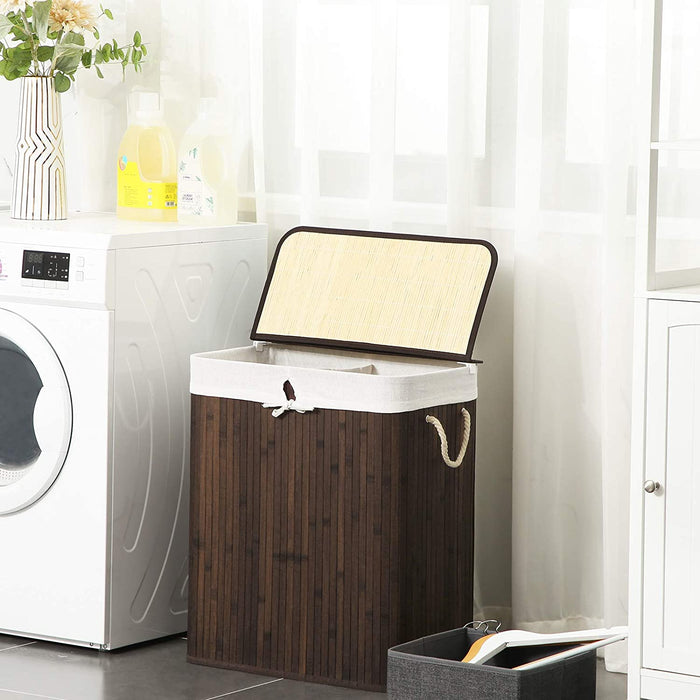 Wäschekorb aus Bambus, Wäschesammler mit 2 Fächern, Wäschesortierer mit Deckel und herausnehmbarem Wäschesack, Tragegriffe aus Baumwolle, 100 L