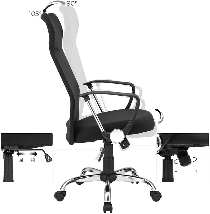 Bürostuhl, ergonomischer Schreibtischstuhl, Drehstuhl, gepolsterter Sitz, Stoffbezug, höhenverstellbar und neigbar, bis 120 kg belastbar, schwarz