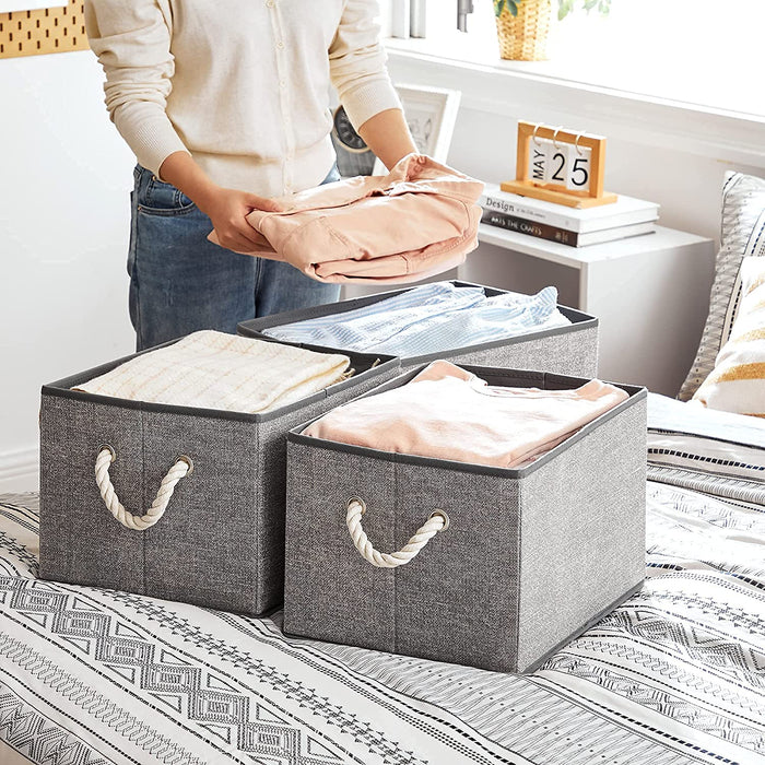 Aufbewahrungsboxen, 3er Set, Stoffboxen ohne Deckel, mit Griffen, 40 x 30 x 25 cm, Leinenoptik, grau