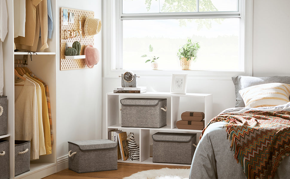 Aufbewahrungsboxen, 3er Set, Stoffboxen mit Deckel, Griffe aus Baumwolle, Leinenoptik, grau