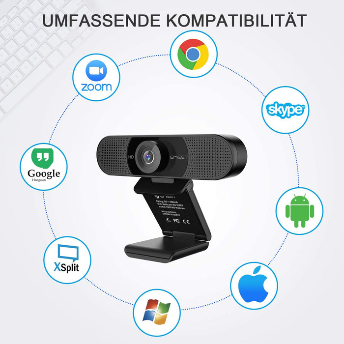Full HD Webcam - C960 1080P Webcam mit Objektivabdeckung & Dual Mikrofon, 90 ° Streaming Kamera mit Automatische Lichtkorrektur
