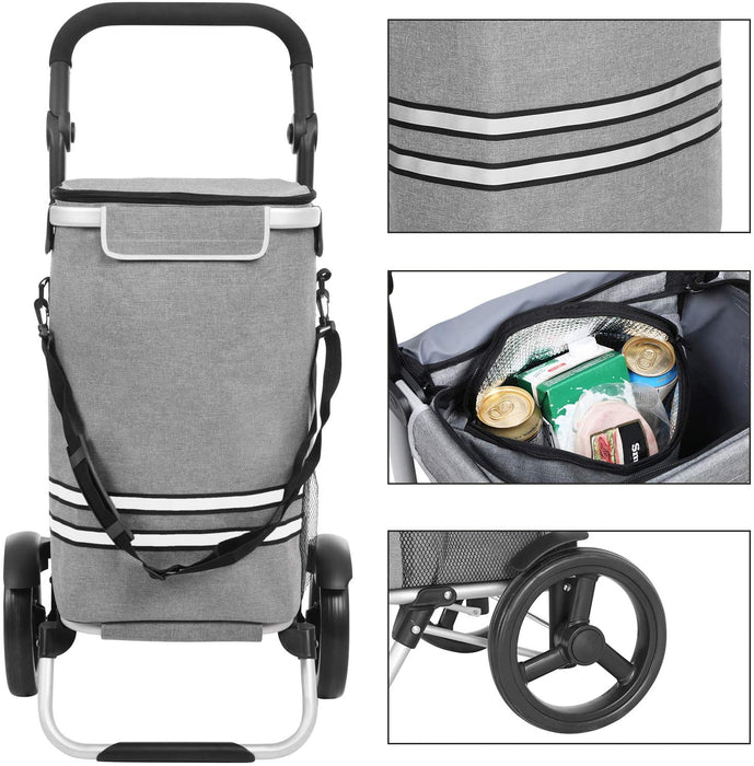 Einkaufstrolley, klappbar, Stabiler Einkaufswagen, mit Kühlfach, große Kapazität 35 L, multifunktional, Handwagen mit Rollen, abnehmbare Tasche, grau