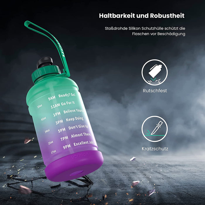 Gallone Trinkflasche Sport 2,2 Liter Motivierende Trinkflasche, Sportflasche Wasserflasche, Fitness Water Bottle Sport, BPA-frei (lila/Grün Verlauf)