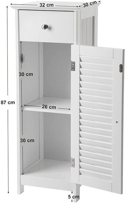 Badezimmerschrank Badschrank Nachttisch Regal Aufbewahrung für Badezimmer aus Holz mit Schublade Lamellentür weiß 32 x 87 x 30 cm (B x H x T)