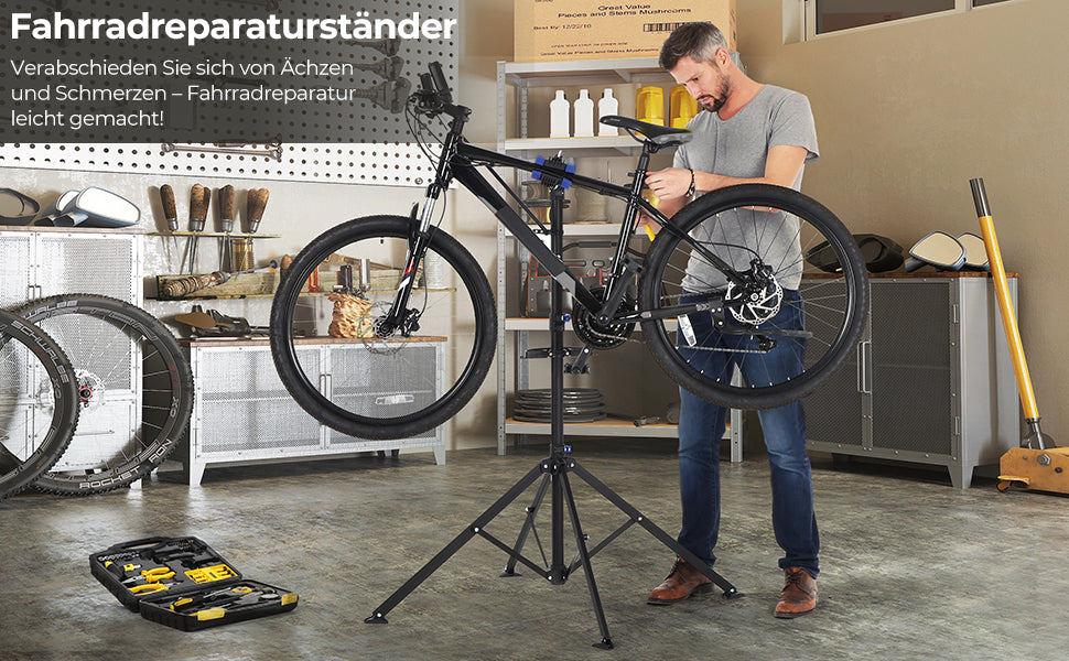 Fahrradmontageständer, Reparaturständer für Fahrräder, Fahrradreparaturständer für Profis, mit Schnelllösevorrichtung, Werkzeugschale, Lenkerhalter
