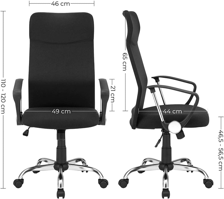 Bürostuhl, ergonomischer Schreibtischstuhl, Drehstuhl, gepolsterter Sitz, Stoffbezug, höhenverstellbar und neigbar, bis 120 kg belastbar, schwarz