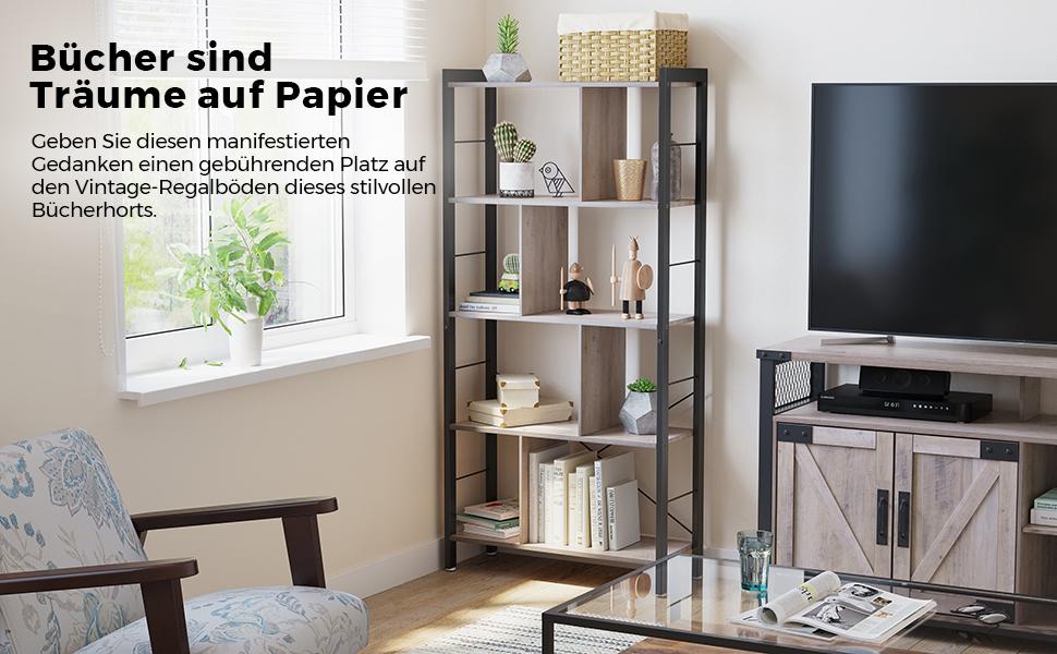 Bücherregal, Regal mit 4 Ebenen, Standregal, Bücherschrank, Büroregal, Industrie-Design, für Wohnzimmer, Büro, Arbeitszimmer, groß, Metallgestell