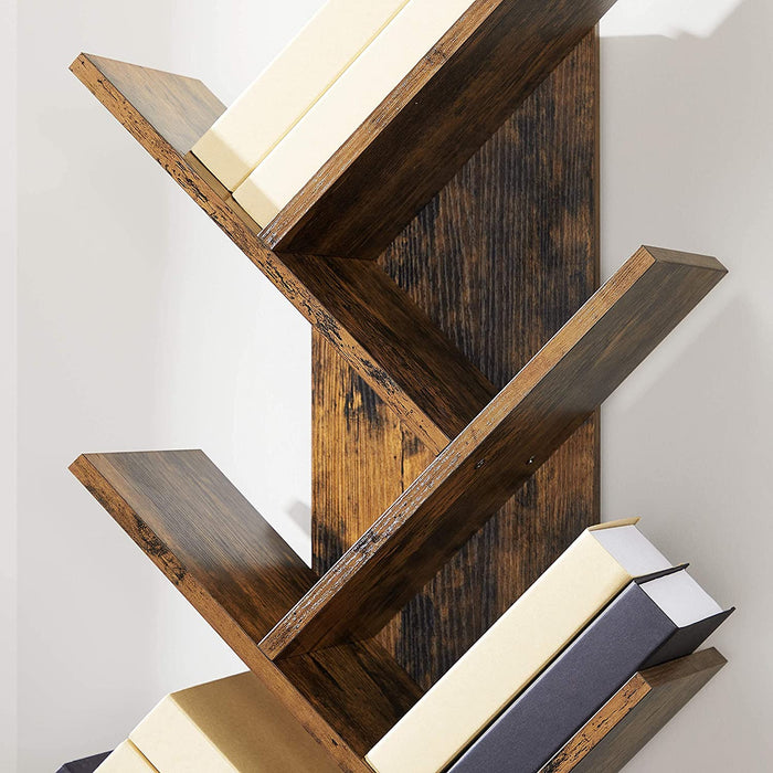 Bücherregal, Standregal, mit 8 Ebenen, DVD-Regal, in Baumform, für Wohnzimmer, Arbeitszimmer, Kinderzimmer, Büro, vintagebraun