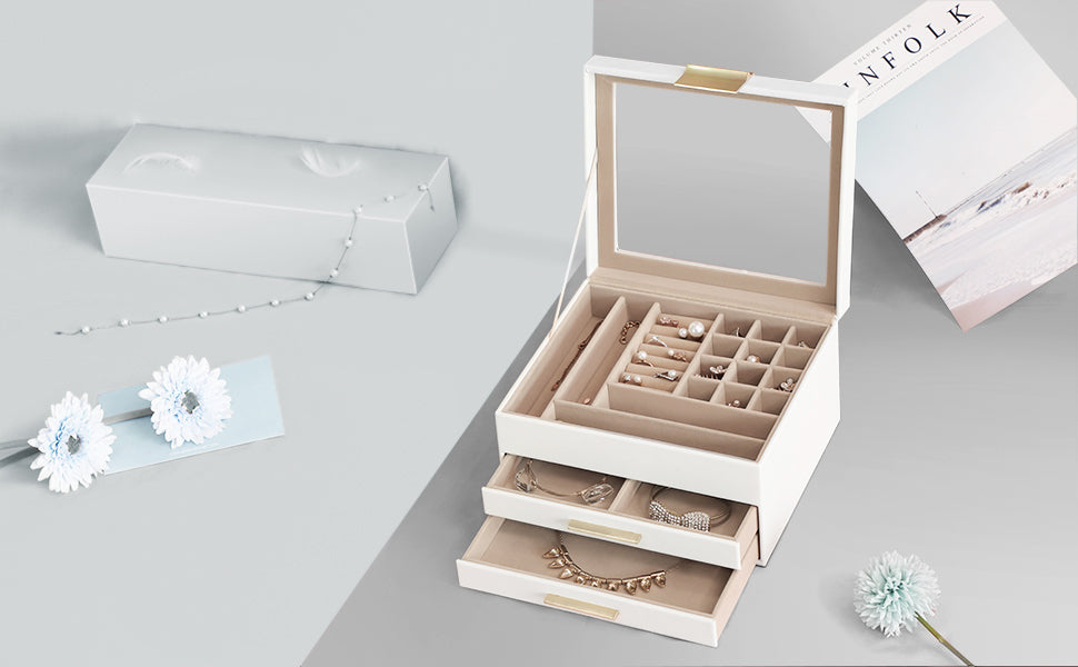 Schmuckkästchen mit Glasdeckel Schmuckkasten mit 3 Ebenen, Schmuckbox mit 2 Schubladen, Schmuckaufbewahrung, Geschenk für Ihre Liebsten, Weihnachten, weiß