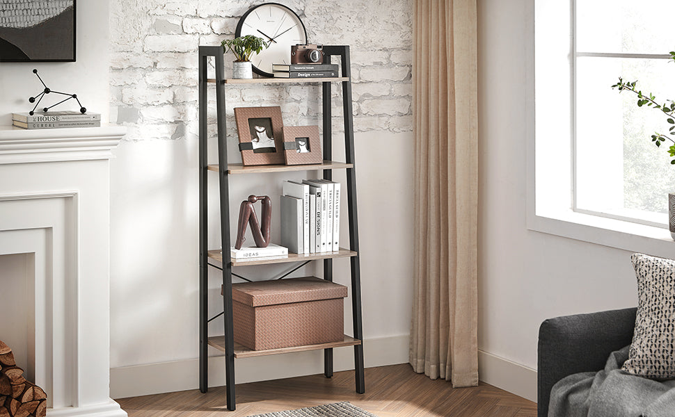 Standregal, Bücherregal, 4 Ebenen Leiterregal, Metallgestell, einfache Montage, für Wohnzimmer, Schlafzimmer, Küche, greige-schwarz