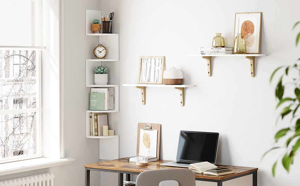 Eckregal, 5 Ebenen Hängeregal, Wandregal mit Zickzack-Design, Bücherregal, Weiß 20 x 20 x 127,5cm