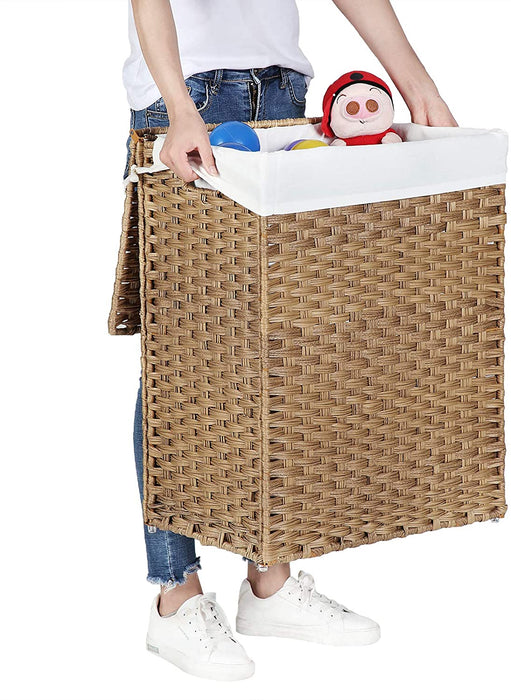 Wäschekorb handgeflochten, 90 L, Wäschesammler aus synthetischem Rattan, mit Deckel und Griffen, faltbar, Wäschesack herausnehmbar, naturfarben