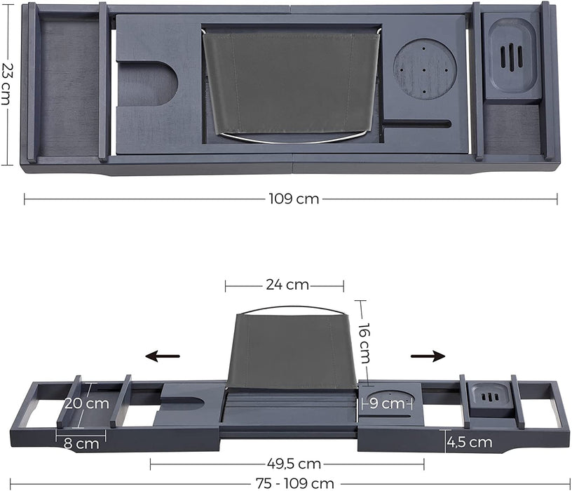 ausziehbare Badewannenablage aus Bambus, Badewannenbrett, Badewannen Ablagen mit Getränkehalter, Buchstütze, Seifenhalter
