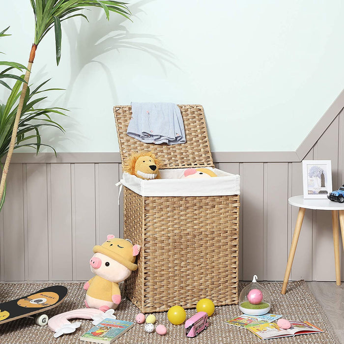 Wäschekorb handgeflochten, 90 L, Wäschesammler aus synthetischem Rattan, mit Deckel und Griffen, faltbar, Wäschesack herausnehmbar, naturfarben