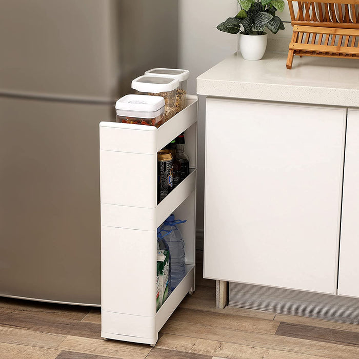 Nischenwagen schmal in Weiß mit 3 Ablagefächern Nischenschrank mit Rollen für Küche Bad Keller 17 cm breit