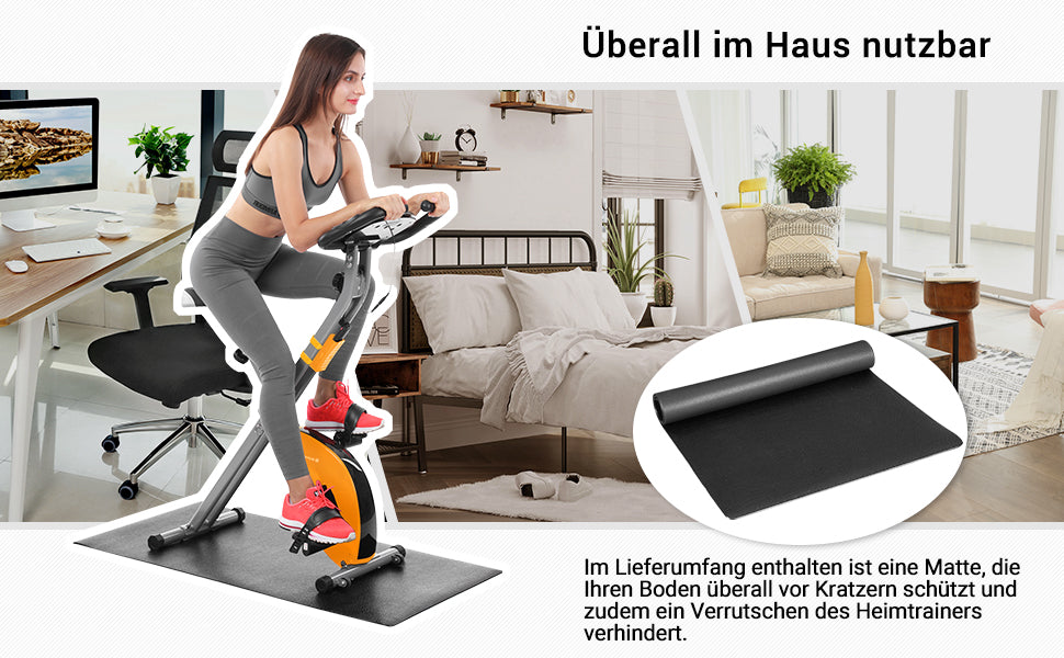 Heimtrainer, Fitnessbike, zusammenklappbares Fitnessfahrrad, 8 magnetische Widerstandseinstellungen, mit Bodenmatte, Pulsmessung, Handyhalterung