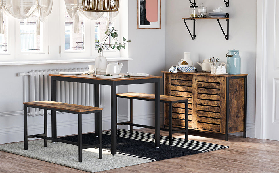 Esstisch, Küchentisch-Set, 110 x 70 x 75 cm, mit 2 Bänken je 97 x 30 x 50 cm, Metallgestell, für Küche, Wohnzimmer, Esszimmer, Industrie-Design