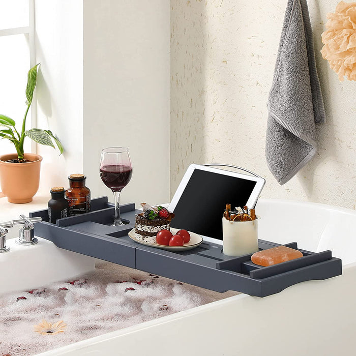 ausziehbare Badewannenablage aus Bambus, Badewannenbrett, Badewannen Ablagen mit Getränkehalter, Buchstütze, Seifenhalter