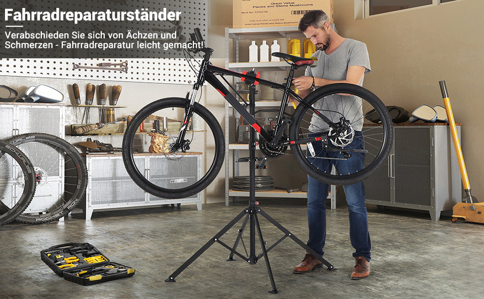 Fahrradmontageständer, Reparaturständer für Fahrräder, Fahrradreparaturständer für Profis, mit Schnelllösevorrichtung, Werkzeugschale, Lenkerhalter