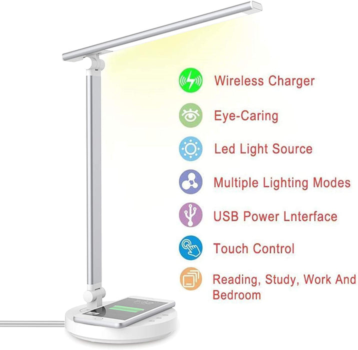 Schreibtischlampe LED, 5 Farben und 5 Helligkeitsstufen, Faltbare Augenschutz Tischlampe mit Drahtlosem Ladegerät und USB-Anschluss, Nachttischlampe