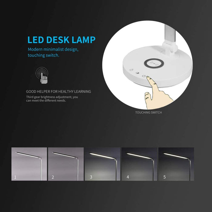 Schreibtischlampe LED, 5 Farben und 5 Helligkeitsstufen, Faltbare Augenschutz Tischlampe mit Drahtlosem Ladegerät und USB-Anschluss, Nachttischlampe