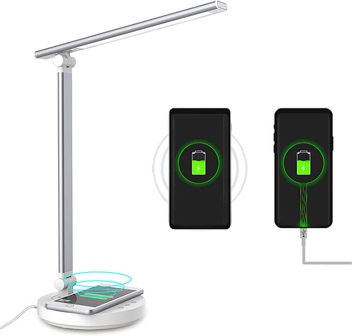 Schreibtischlampe LED, 5 Farben und 5 Helligkeitsstufen, Faltbare Augenschutz Tischlampe mit Drahtlosem Ladegerät und USB-Anschluss, Nachttischlampe