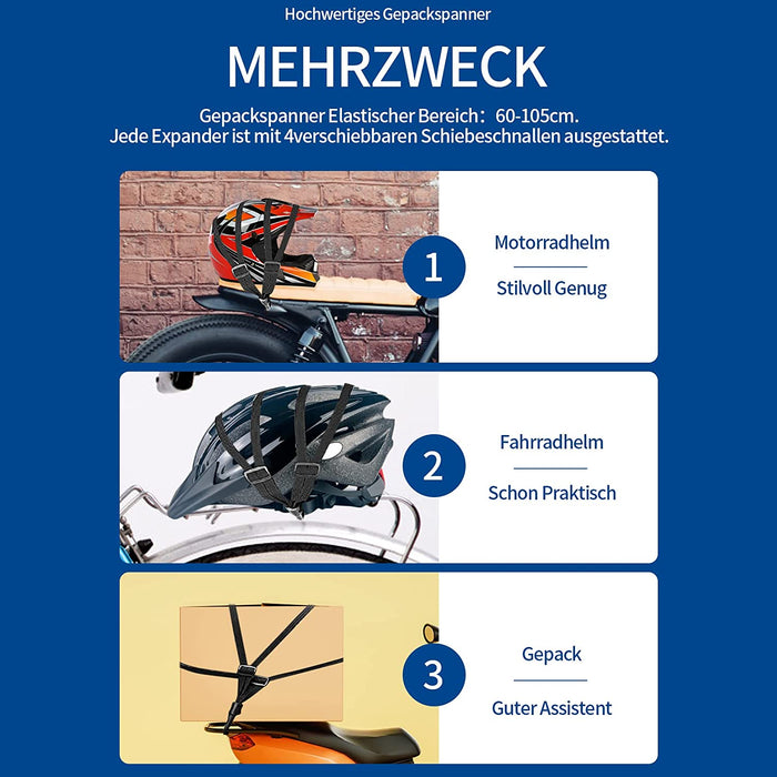 3 Stück Spanngurte, Expander mit Haken, Zurrgurte mit Haken, Gepäckspanner Kurz mit 4 Schiebeschnallen, Gepäckträger für Motorrad, Fahrrad (60-105 cm)