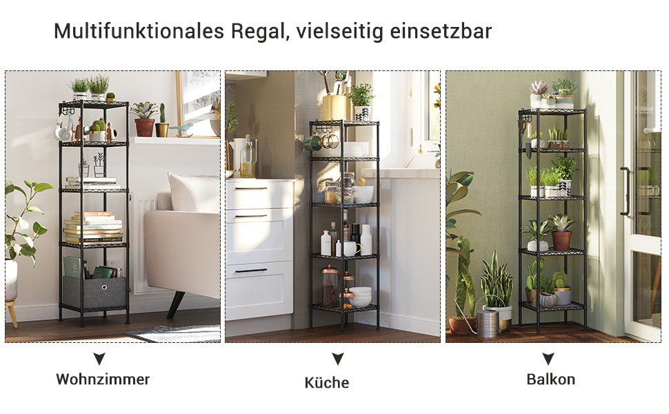 Badezimmerregal, Standregal, Metallregal, bis 100 kg belastbar, mit 5 PP-Platten, abnehmbare Haken, 30 x 30 x 123,5 cm, erweiterbar, für kleine Räume