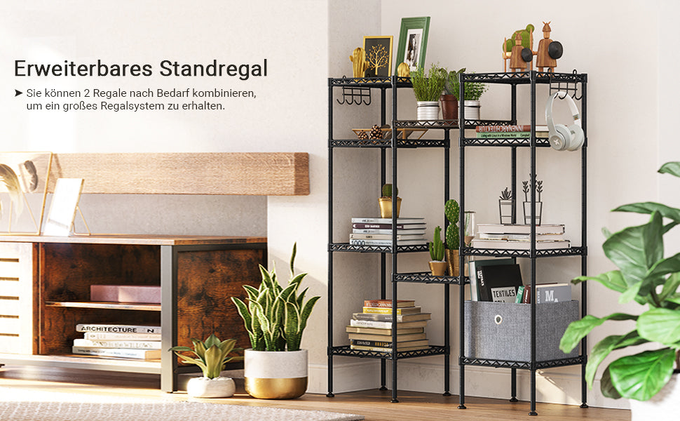 Badezimmerregal, Standregal, Metallregal, bis 100 kg belastbar, mit 5 PP-Platten, abnehmbare Haken, 30 x 30 x 123,5 cm, erweiterbar, für kleine Räume