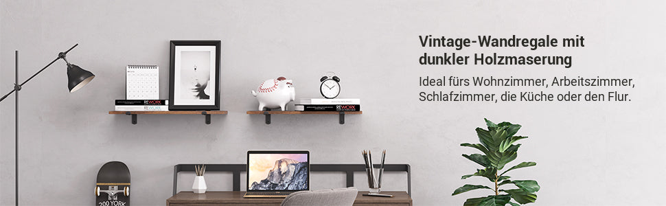 Wandregal, 2er Set, 60 x 20 x 7 cm, Schweberegal, dekorative Regale, Vintage, Holzoptik, für Schlafzimmer, Wohnzimmer, Küche, Flur