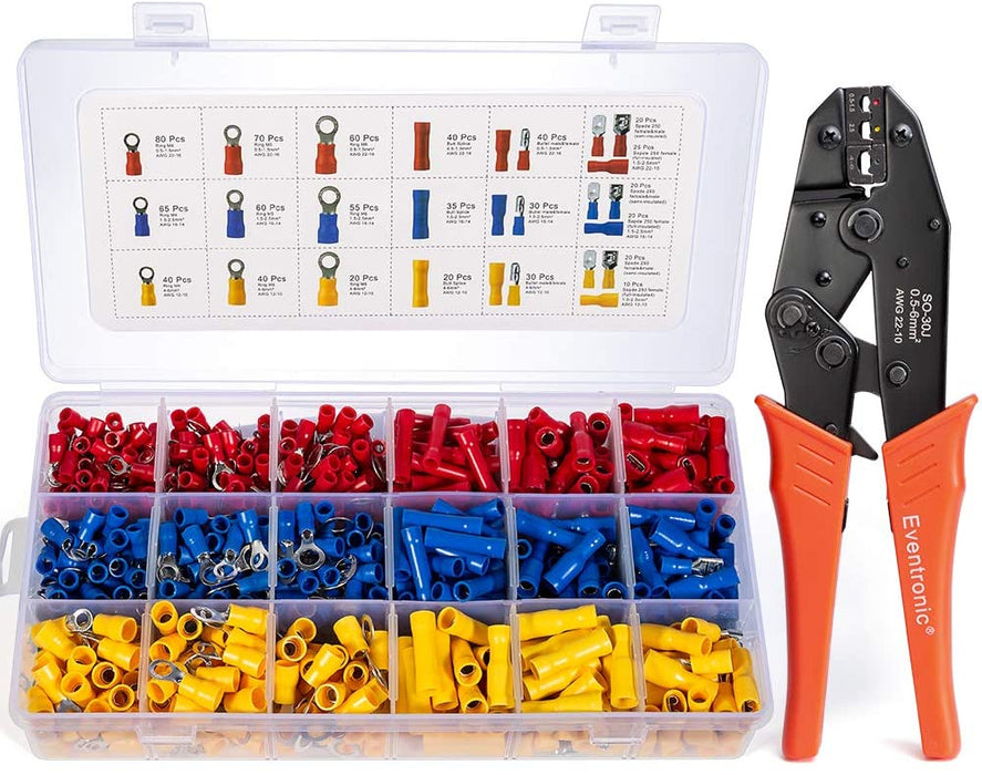 Crimpzange Kabelschuhe Set,27 Arten von Flachstecker AWG22-10(0,5-6 qmm) Kabelschuh Sortiment Kabelschuhzange mit 800 Stück Aderendhülsen Set