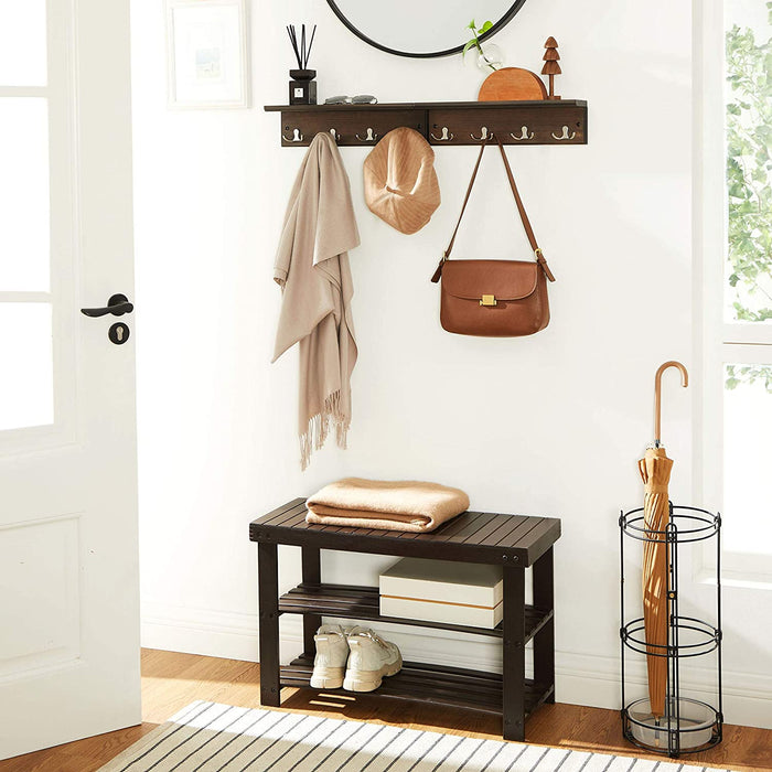 Wandgarderobe, Flurgarderobe, mit 4 Doppelhaken, mit Ablage, Garderobenhaken, für Badezimmer, Wohnzimmer, Küche, vintagebraun