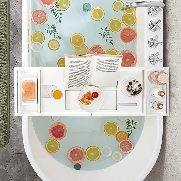 Badewannenablage aus Bambus, Badewannenbrett, ausziehbar, verstellbar, Ablage für Badewannen, mit Getränkehalter, Handy-Stütze, Seifenablage, (75-109) x 23 x 4,5 cm, weiß