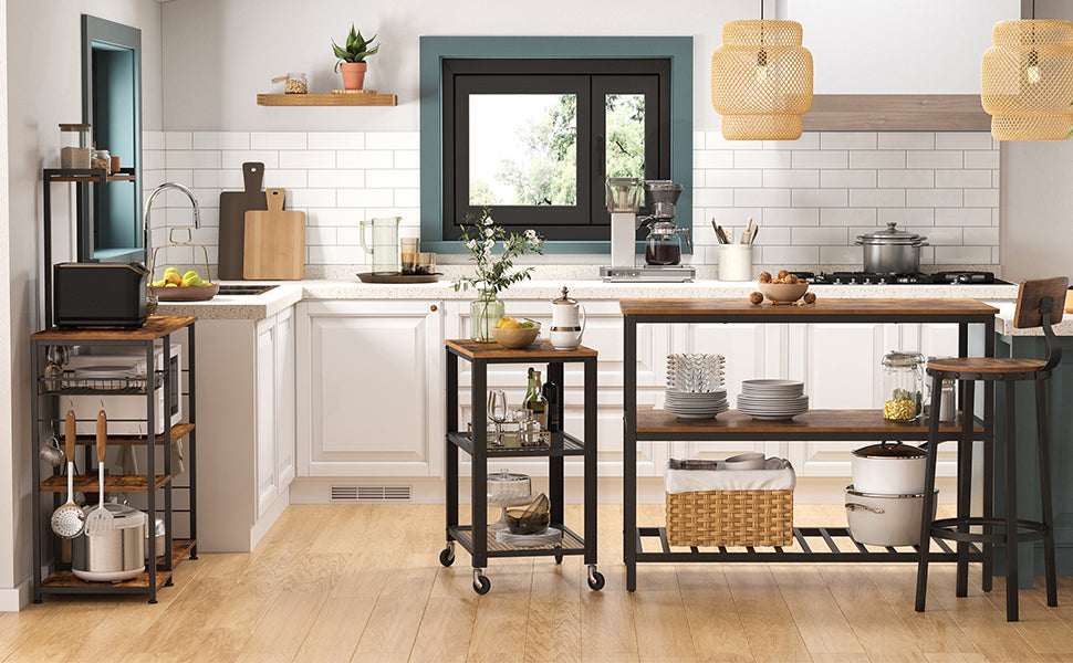 Servierwagen, Küchenwagen, Rollwagen, Küchenregal auf 4 Rollen, Stahlgestell, 3 Ablagen, für Küche und Wohnzimmer, Industrie-Design, vintagebraun