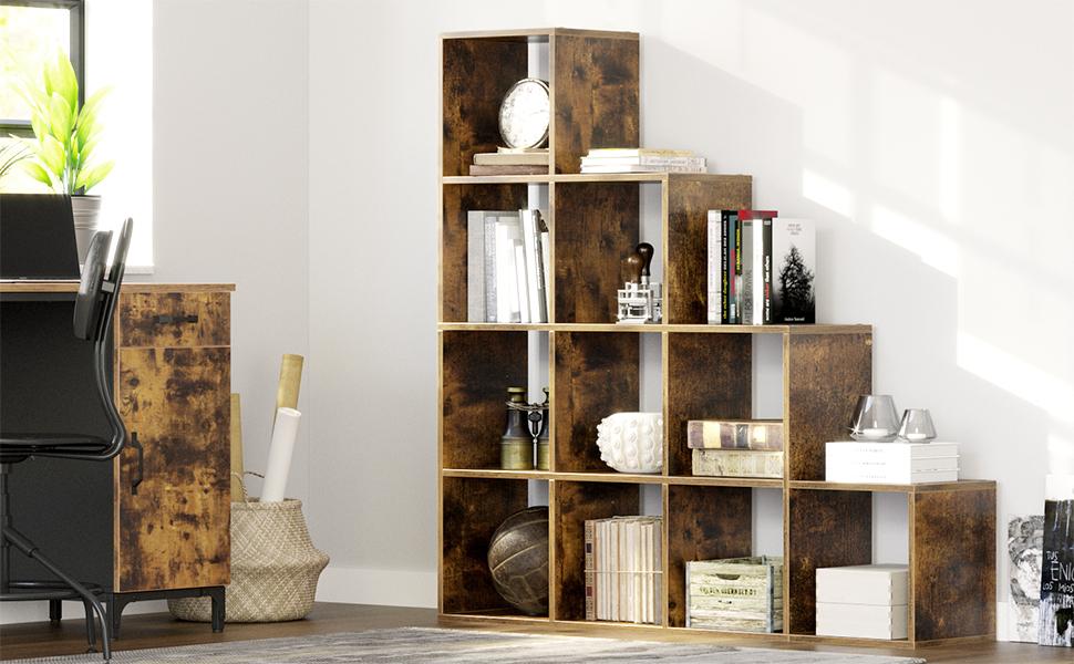 Bücherregal mit 10 Würfeln, Würfelregal, Büroregal, Standregal, Leiterregal, Treppenregal, als Raumteiler, freistehend, für Büro, Wohnzimmer