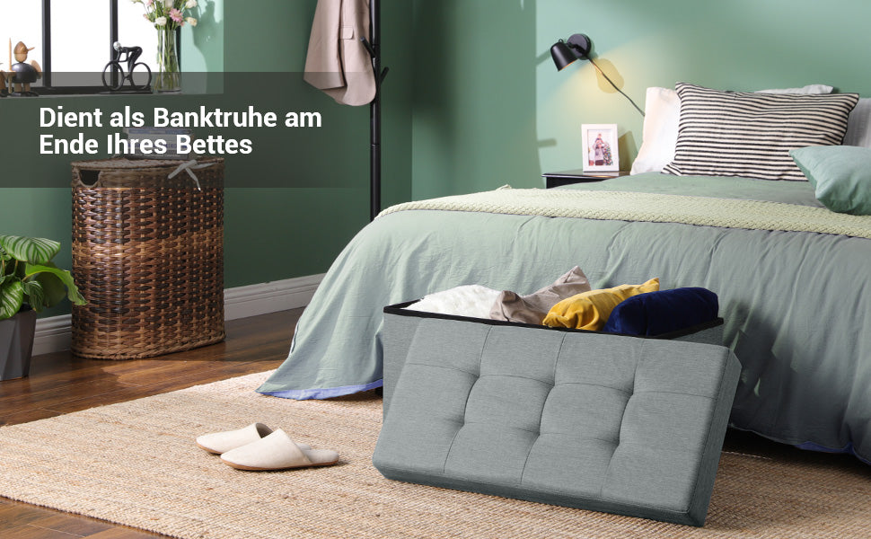 Sitztruhe, Faltbare Sitzbank, Sitzhocker mit Stauraum und Deckel, Füße aus Massivholz, platzsparend, 65 L, bis 300 kg belastbar, 76 x 38 x 40 cm