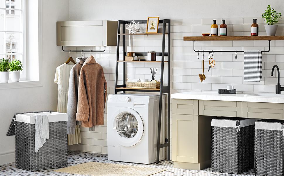 Wäschekorb handgeflochten, 90 L, Wäschesammler aus synthetischem Rattan, mit Deckel und Griffen, faltbar, Wäschesack herausnehmbar, grau